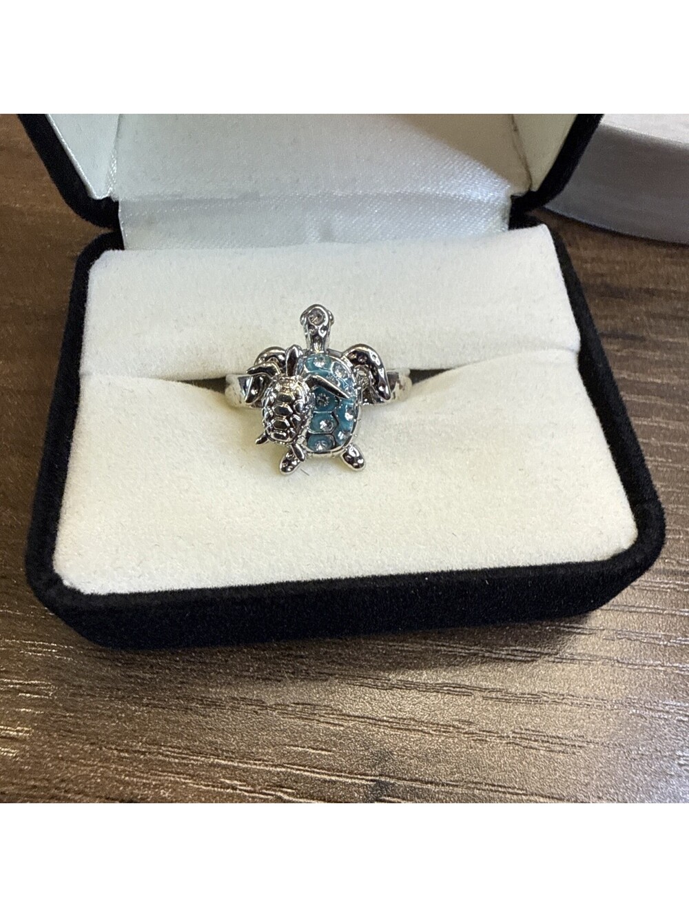 Silvery Tone Blue Stones Turtle Ring Size 7